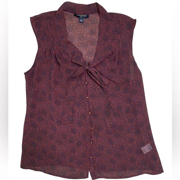 Banana Republic Burgundy and Navy Printed Tie Neck Sleeveless Blouse L Petite - Picture 1 of 9
